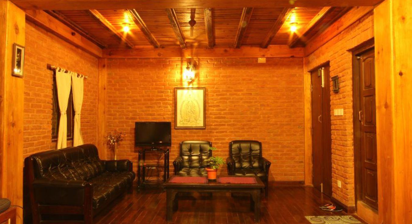 Apartment living room with wooden ceiling